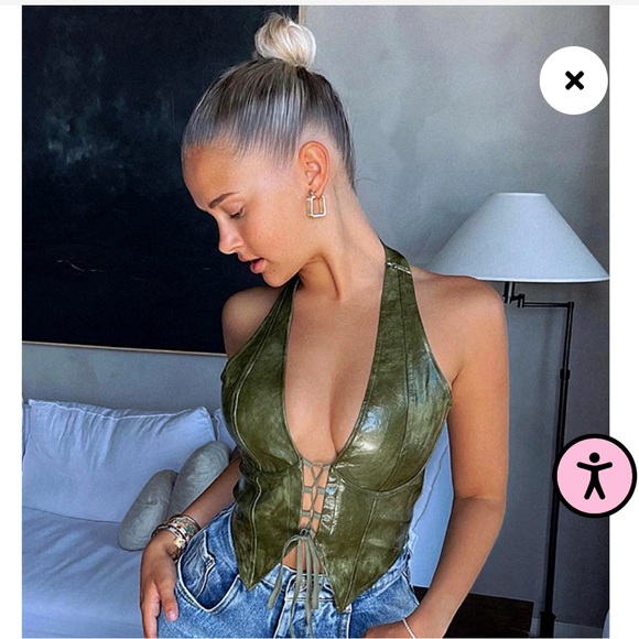 Olive faux leather lace up halter top PLT - Picture 1 of 5